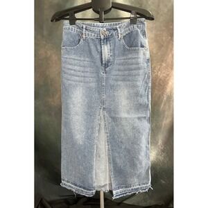 HG Denim Skirt Frayed Hem Front Slit Blue‎ Jean Distressed Midi Women's 7/27